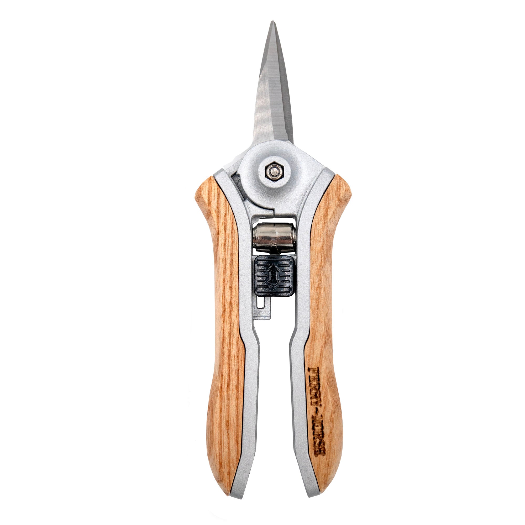 A pair of Ferry-Morse premium pruning garden snips with stainless steel blades and an ash wood handle.